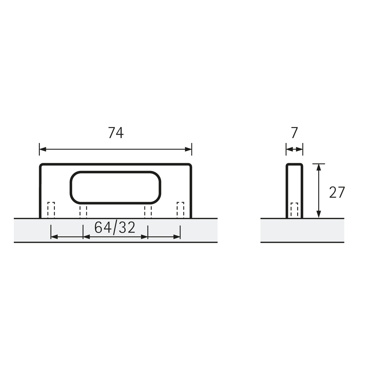 Handle Fermo, drill hole spacing 32 / 64 mm, L 74 mm, B 7 mm, H 27 mm, brushed stainless steel
