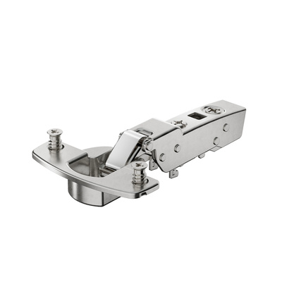 Sensys thick door hinge, door thickness up to 32 mm, with integrated silent system (Sensys 8631i), nickel plated, half overlay, Opening angle 95°, TH-drilling pattern 52 x 5.5 mm, with euro screws (ø 5 x 11)