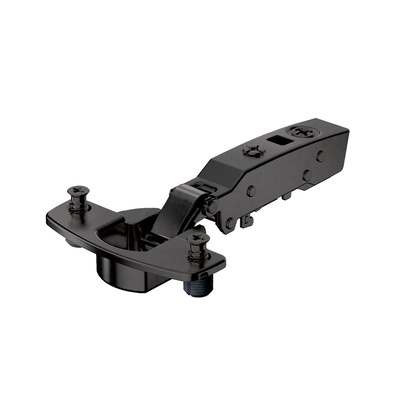 Sensys thick door hinge, door thickness up to 32 mm, with integrated silent system (Sensys 8631i), in obsidian black, overlay, Opening angle 95°, TH-drilling pattern 52 x 5.5 mm, with expanding sockets (ø 10 x 11)