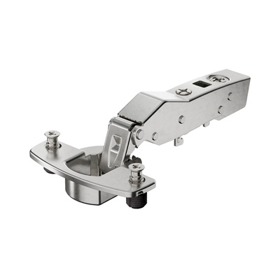 Sensys angle hinge W20 with integrated silent system (Sensys 8639i W20), nickel plated, overlay, Opening angle 95°, TH-drilling pattern 52 x 5.5 mm, with expanding sockets (ø 10 x 11)