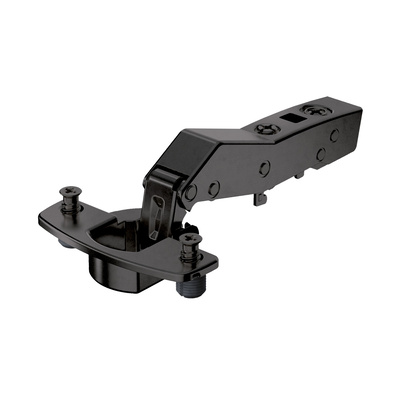 Sensys angle hinge W30 with integrated Silent System (Sensys 8639i W30), in obsidian black, overlay, Opening angle 95°, TH-drilling pattern 52 x 5.5 mm, With expanding sockets (ø 10 x 11)