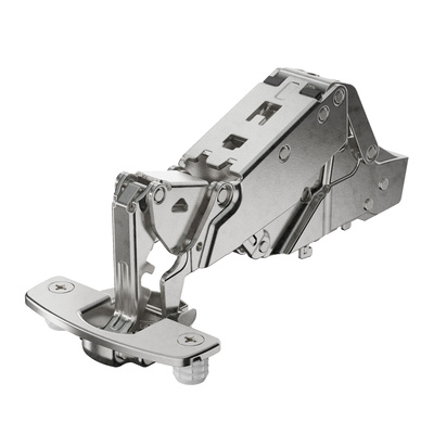 Sensys wide angle hinge, with zero protrusion, with integrated Silent System (Sensys 8657i), nickel plated, half overlay, Opening angle 165°, TH-drilling pattern 52 x 5.5 mm, for pressing in (ø 10 x 11)