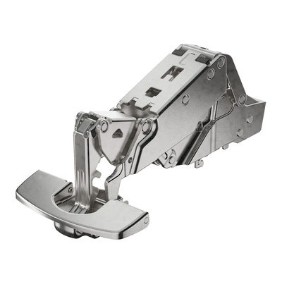 Sensys wide angle hinge, with zero protrusion, with integrated Silent System (Sensys 8657i), nickel plated, half overlay, Opening angle 165°, THS-drilling pattern 52 x 5.5 mm, 48 x 6 mm, Fix fast assembly (ø 10 x 6)