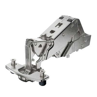Sensys wide angle hinge, with zero protrusion, with integrated Silent System (Sensys 8657i), nickel plated, half overlay, Opening angle 165°, TB-drilling pattern 45 x 9.5 mm, With expanding sockets (ø 8 x 11)