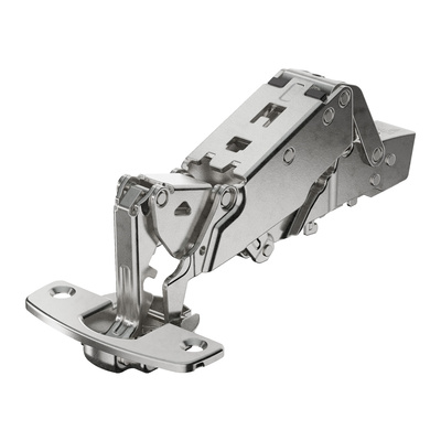 Sensys wide angle hinge, with zero protrusion, with integrated Silent System (Sensys 8657i), nickel plated, overlay, Opening angle 165°, TS-drilling pattern 48 x 6 mm, for screwing on (-)