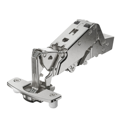 Sensys wide angle hinge, with zero protrusion, with integrated Silent System (Sensys 8657i), nickel plated, overlay, Opening angle 165°, TH-drilling pattern 52 x 5.5 mm, Flash fast assembly (ø 10 x 11)