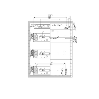 Design drawing: Installed width: 392 mm, installed depth: 530 / 730 mm