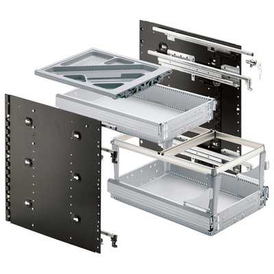 Kontenerek biurowy w zestawie do szybkiego montażu, głębokość zabudowy (min) 530 mm, wykończenie w optyce aluminium