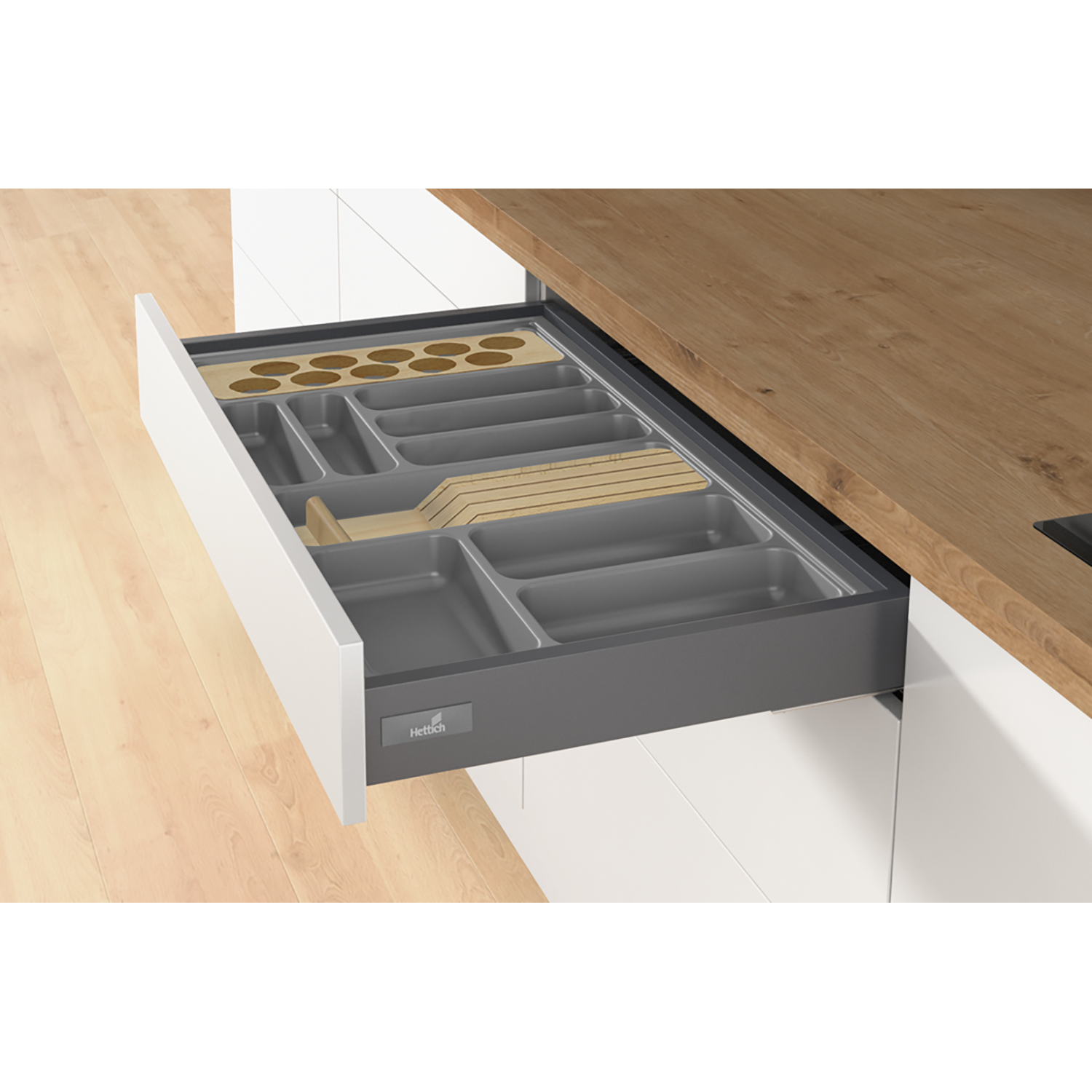 Range-couverts Hettich Atira Tray 440 – Organiseur De Tiroir De Cuisine Gris Argenté, Dimensions 520x500x55 Mm