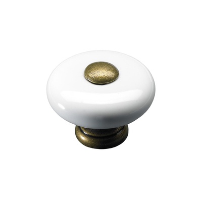 Bouton de meuble, Ø 32 x 24 mm, Céramique, Zamak, laitonné, bruni, blanc