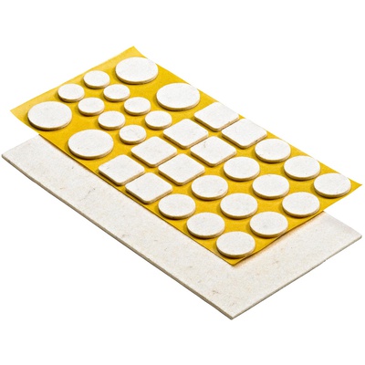 Kit patins pour parquet, autocollant, rond et rectangulaire, 4 pcs. ø28 mm / 12 pcs. ø22 mm / 8 pcs. ø17 mm / 8 pcs. 22x22 mm / 1 pcs. 103x210 mm, feutre de laine, blanc