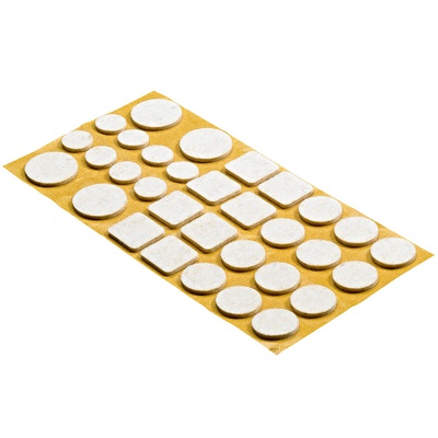 Kit patins pour parquet, autocollant, rond et rectangulaire, 4 pcs. ø28 mm / 12 pcs. ø22 mm / 8 pcs. ø17 mm / 8 pcs. ø17 mm, feutre de laine, blanc