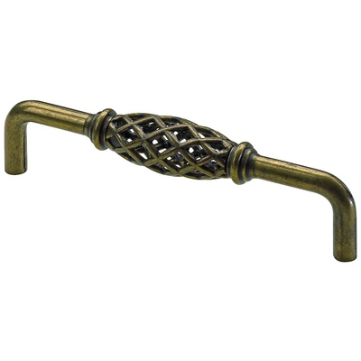 Poignée de meuble, ◘──◘ 128 mm, 136 x 20 x 35 mm, Zamak, laitonné, bruni