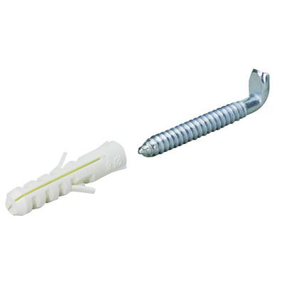 Screw in hook with wall plug, steel, plastic, galvanised, white