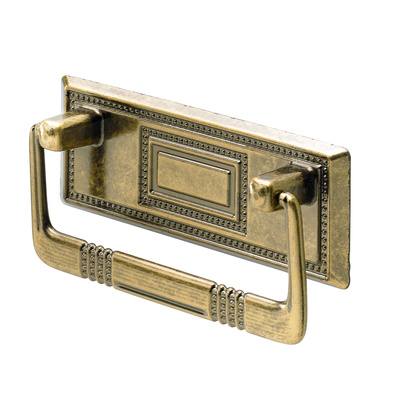Furniture Handle, ◘──◘ 64 mm, 89 x 30/40 x 18 mm, brass, die-cast zinc, brass plated, burnished