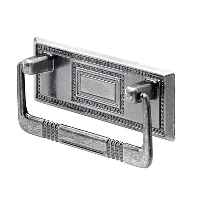 Furniture Handle, ◘──◘ 64 mm, 89 x 30/40 x 18 mm, brass, die-cast zinc, burnished, silver coloured