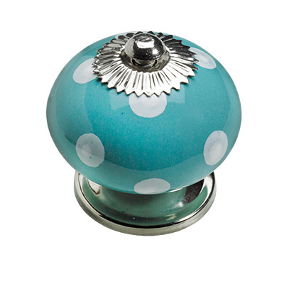 Bouton de meuble, Ø 40 x 36 mm, Céramique, Acier, Zamak, chromé, turquoise