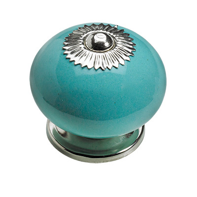 Bouton de meuble, Ø 40 x 36 mm, Céramique, Acier, Zamak, chromé, turquoise