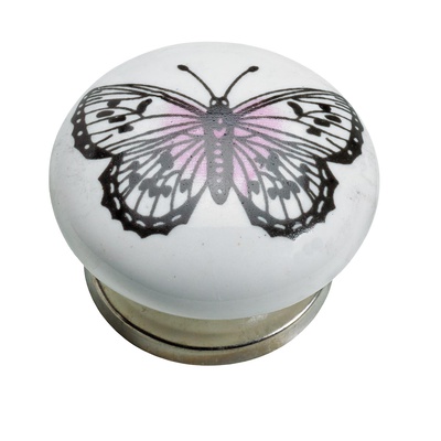 Bouton de meuble, Ø 40 x 25 mm, Céramique, Acier, Zamak, chromé, blanc