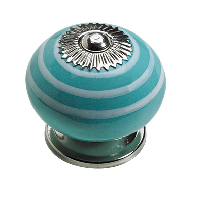 Bouton de meuble, Ø 40 x 36 mm, Céramique, Acier, Zamak, chromé, turquoise