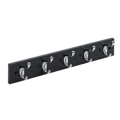 Holzgarderobe, 5 Haken, 500 x 80 x 75 mm, Holz lackiert, schwarz, verchromt