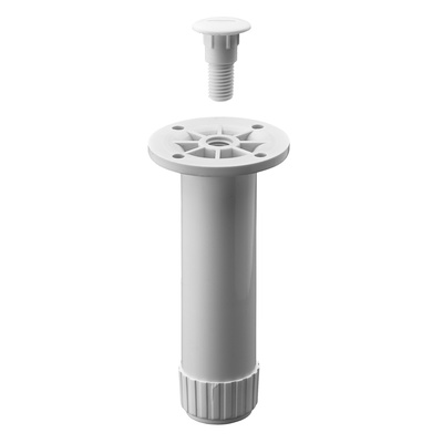 Vérin de réglage de pieds de socles, M10, 120 - 130 x Ø 30 mm, Plastique, blanc