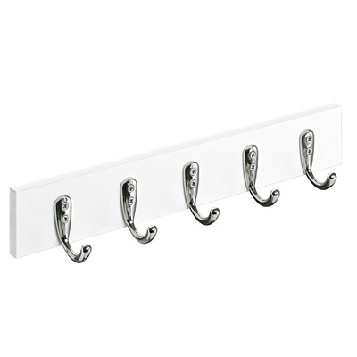Holzgarderobe, 5 Haken, 400 x 60 x 60 mm, Holz, Zinkdruckguss Edelstahl Optik, weiß