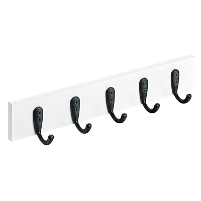 Holzgarderobe, 5 Haken, 400 x 60 x 60 mm, Holz, Zinkdruckguss weiß, schwarz