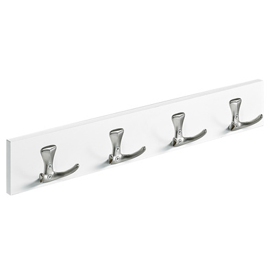 Holzgarderobe, 4 Haken, 500 x 80 x 46 mm, Holz, Zinkdruckguss Edelstahl Optik, weiß