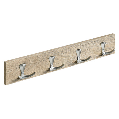 Holzgarderobe, 4 Haken, 500 x 80 x 46 mm, Holz, Zinkdruckguss Edelstahl Optik, Eiche Optik