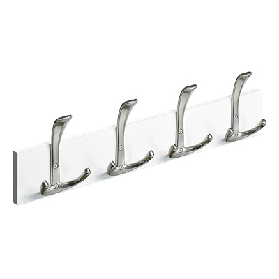 Holzgarderobe, 4 Haken, 500 x 135 x 53 mm, Holz, Zinkdruckguss Edelstahl Optik, weiß