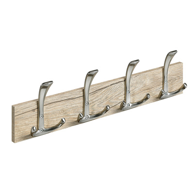 Holzgarderobe, 4 Haken, 500 x 135 x 53 mm, Holz, Zinkdruckguss Edelstahl Optik, Eiche Optik