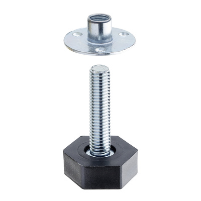 Adjusting screw to compensate uneven floors with nut, M8 x 40 mm, steel, plastic, galvanised, black