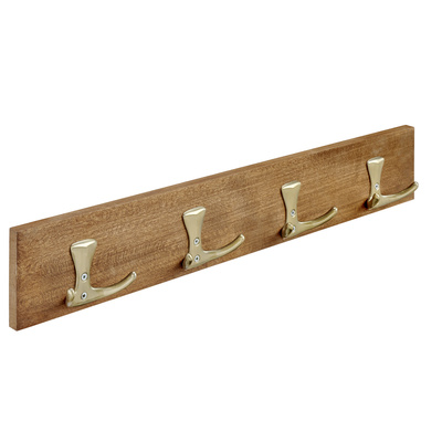 Wooden coatrack, 4 hooks, 500 x 80 x 46 mm, wood, die-cast zinc stainless steel look, oak look