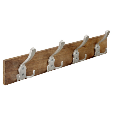 Wooden coatrack, 4 hooks, 500 x 135 x 53 mm, wood, die-cast zinc stainless steel look, oak look
